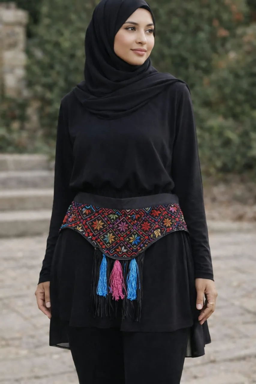 Tribal Embroidered Corset Belt with Blue Tassels
